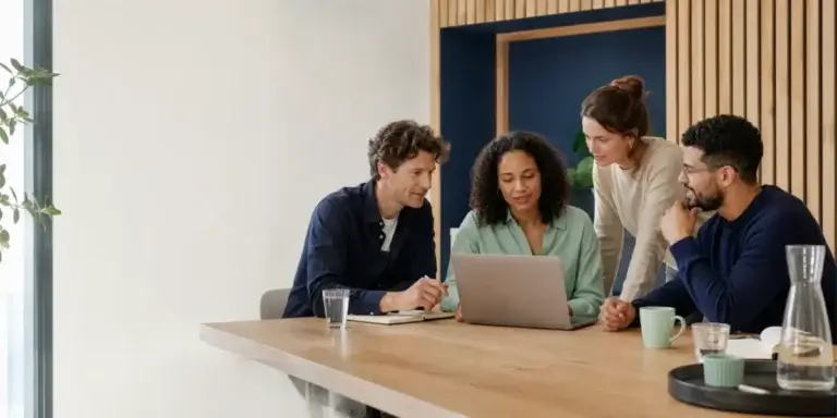 Team bespreekt een praktische AI-toepassing rond een laptop