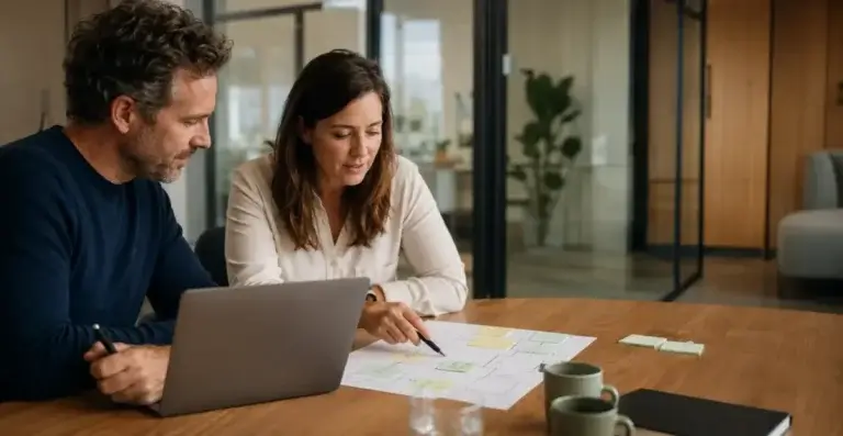 Twee professionals brengen samen een AI-workflow in kaart