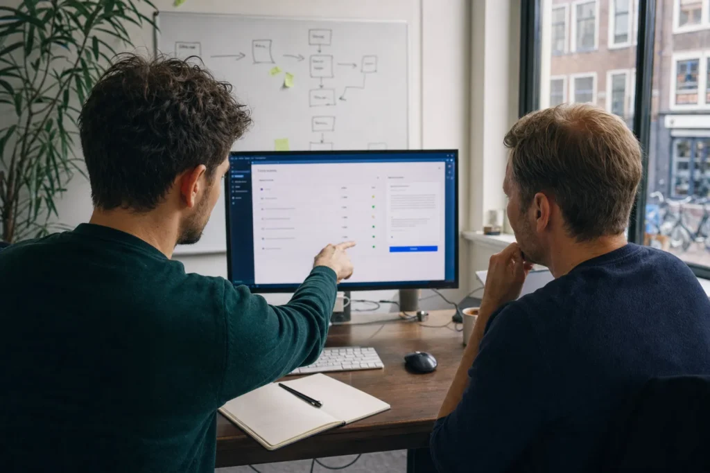 Ontwikkelaar en klant bekijken samen een AI-tool op maat op een groot scherm