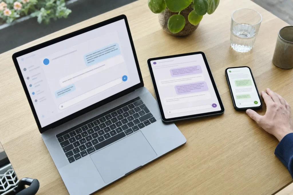 Laptop, tablet en telefoon naast elkaar met elk een andere AI-assistent
