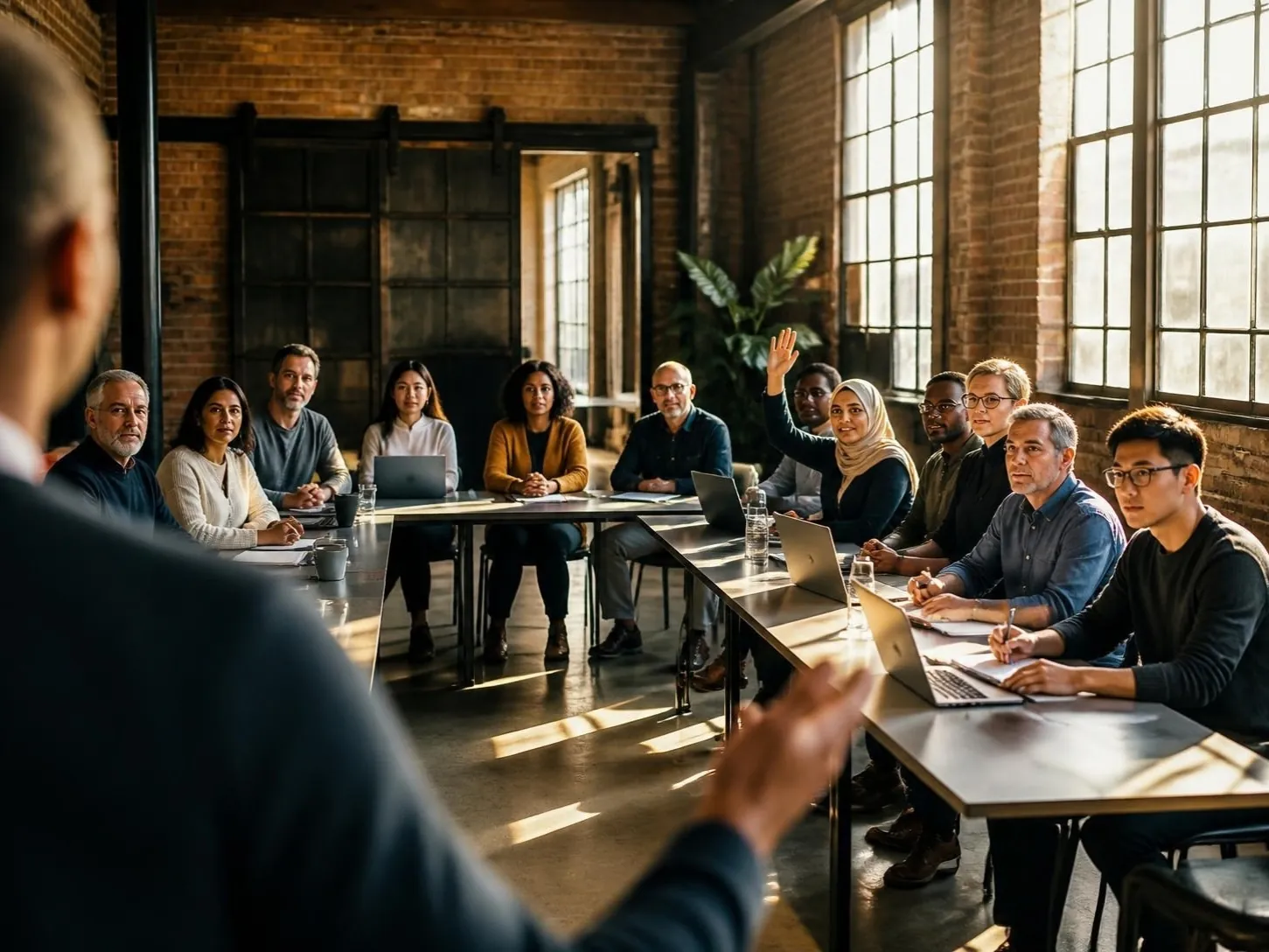 Trainer geeft uitleg aan een groep medewerkers met laptops in een bakstenen zaal