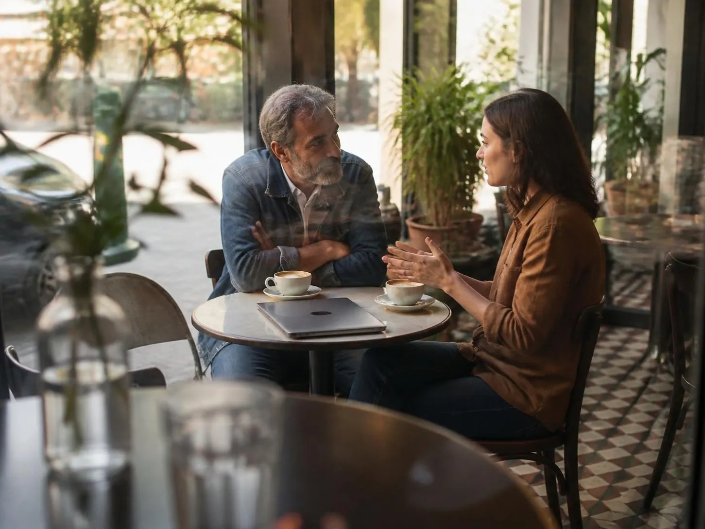 Twee mensen in gesprek aan een tafeltje in een café