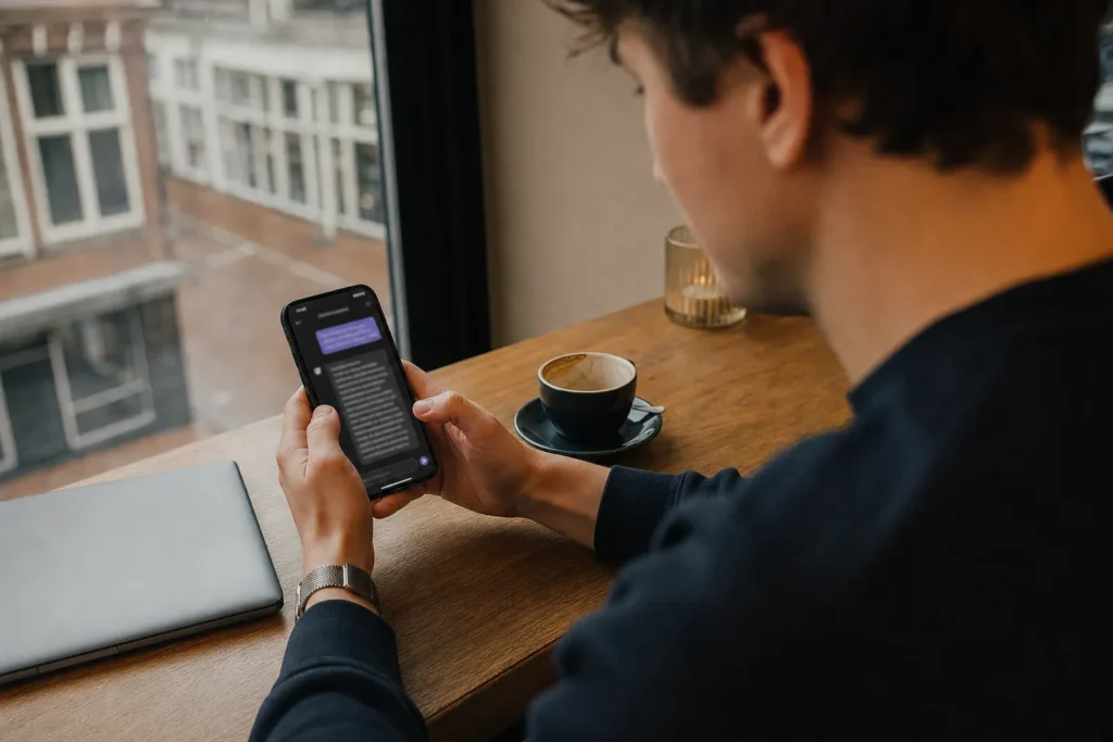 Man typt in een café een vraag in een AI-chatapp op zijn telefoon