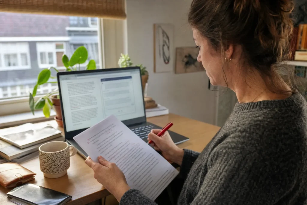 Vrouw controleert een AI-tekst en verbetert de uitgeprinte versie met een rode pen