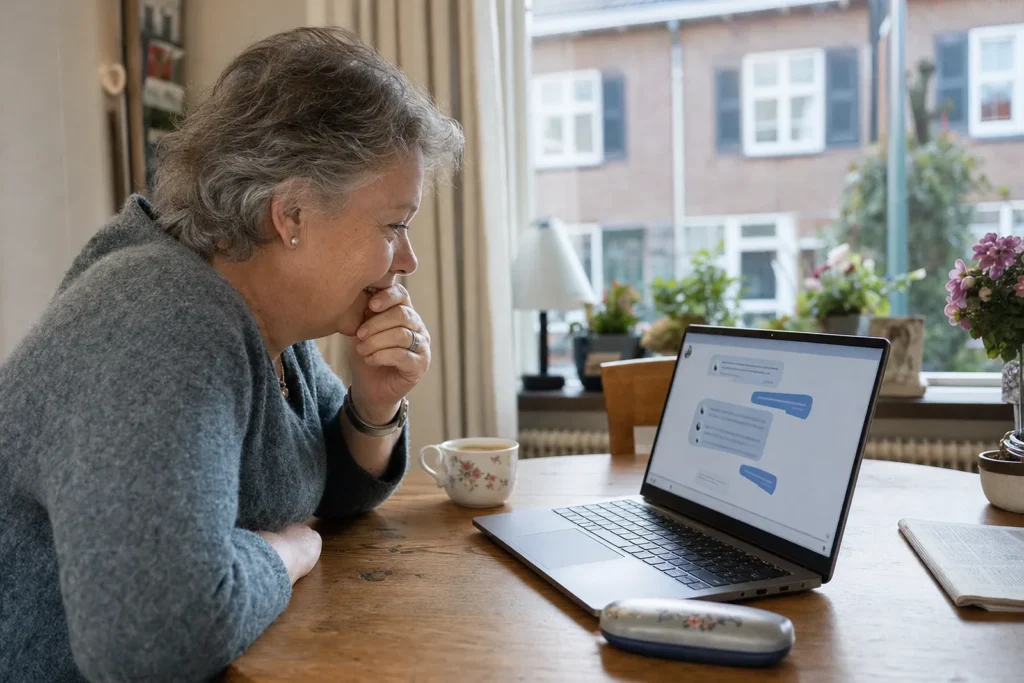 Vrouw probeert aan de eettafel voor het eerst een AI-chatassistent uit