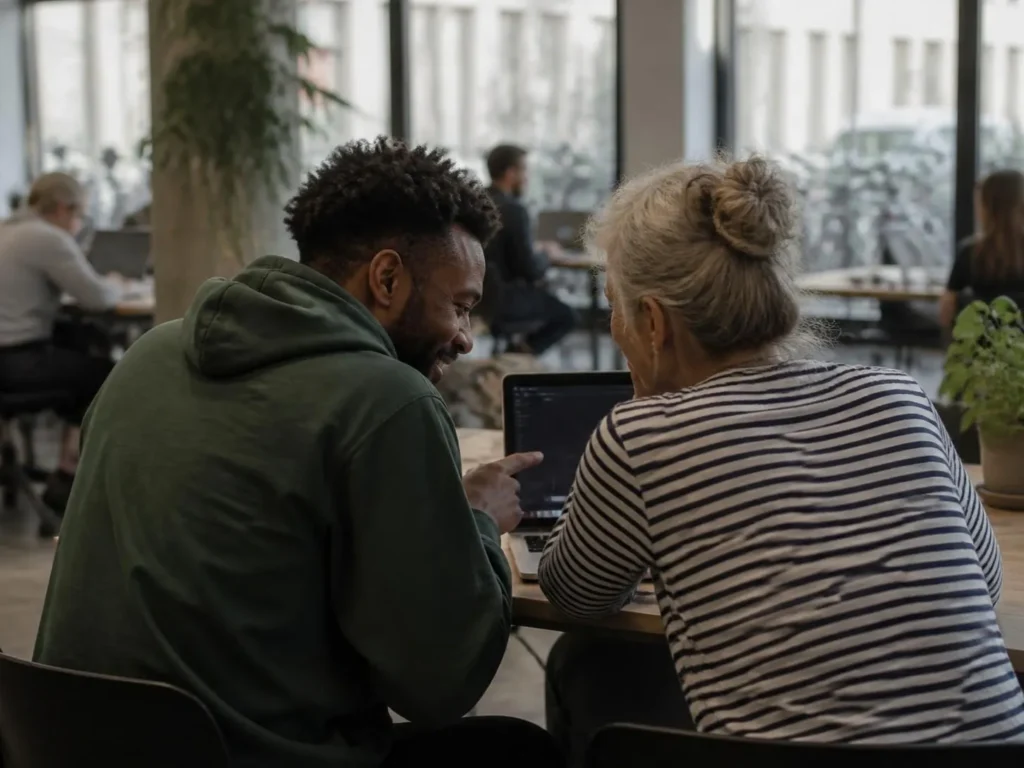 Twee collega's kijken samen naar een laptop in een lichte kantoorruimte