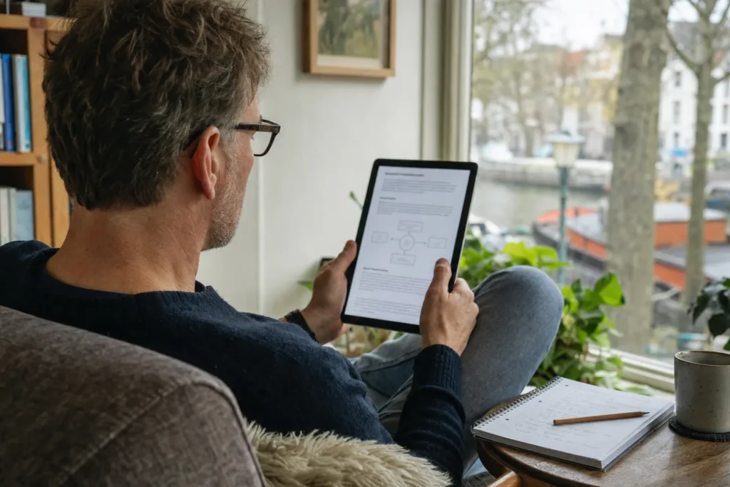 Man leest in een leunstoel een uitlegartikel met schema op zijn tablet