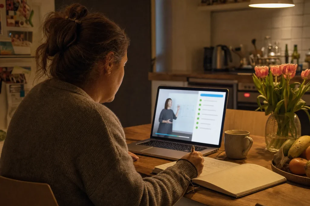 Vrouw volgt aan de keukentafel een online cursus op haar laptop en maakt aantekeningen