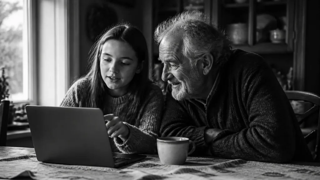 Grootvader en kleindochter ontdekken samen iets op een laptop