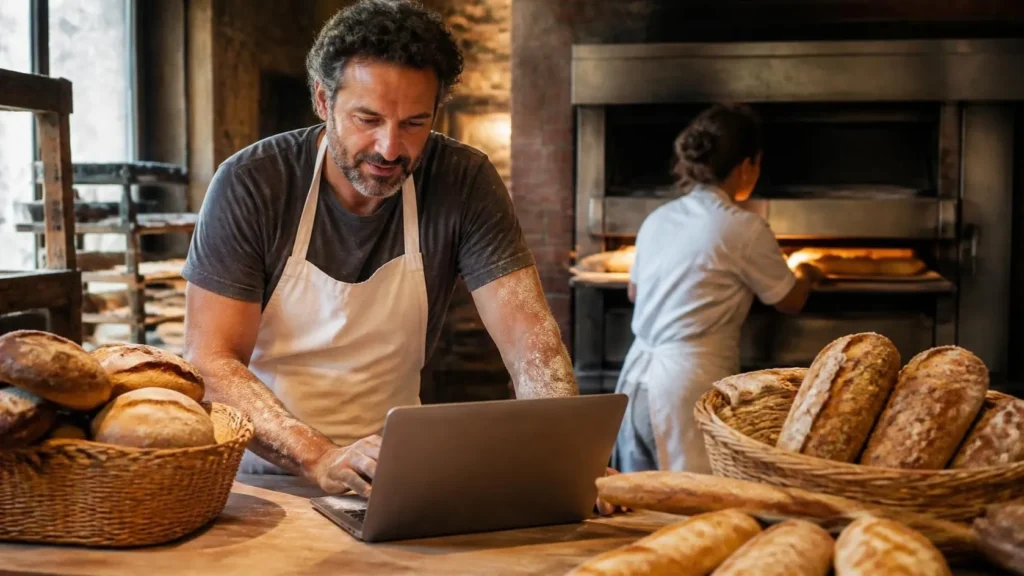 Bakker werkt op een laptop tussen vers brood in zijn bakkerij