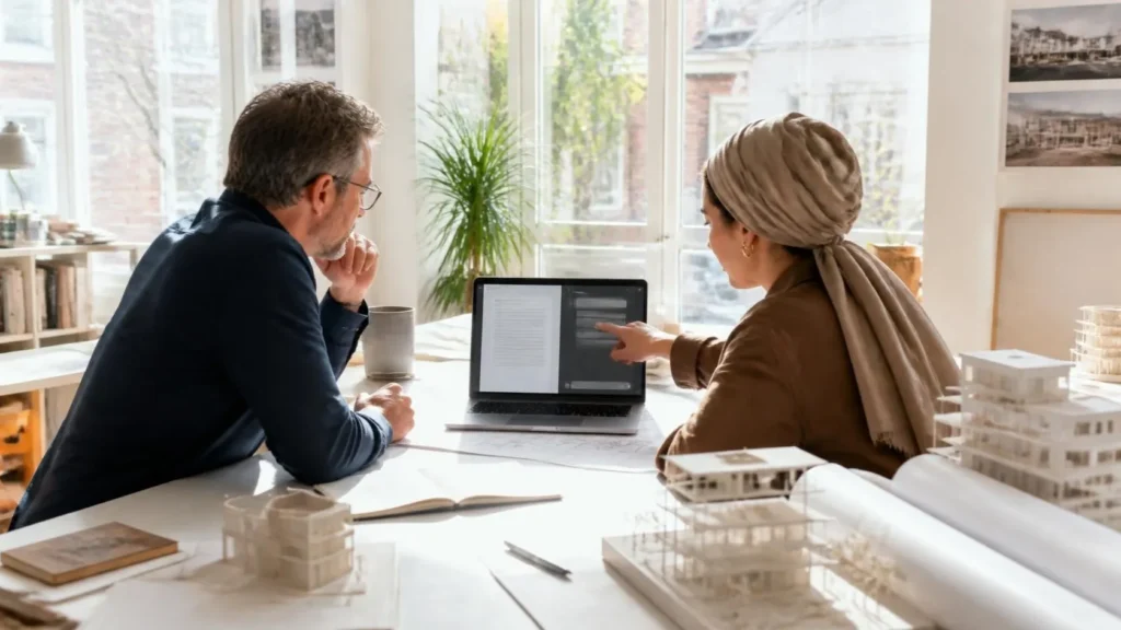 Twee collega's bekijken samen een AI-assistent op een laptop in een architectenbureau