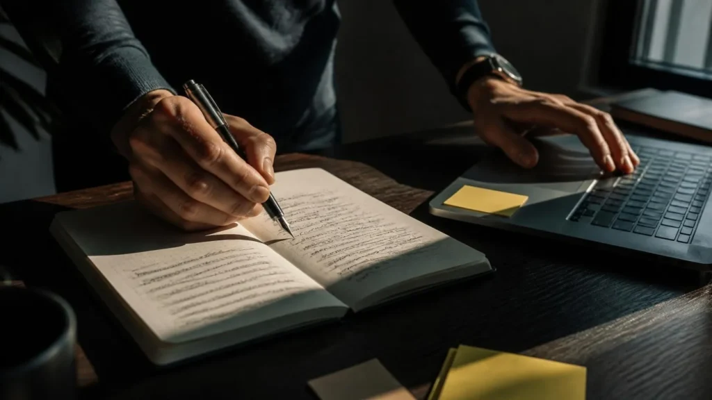 Hand schrijft aantekeningen in een notitieboek naast een laptop