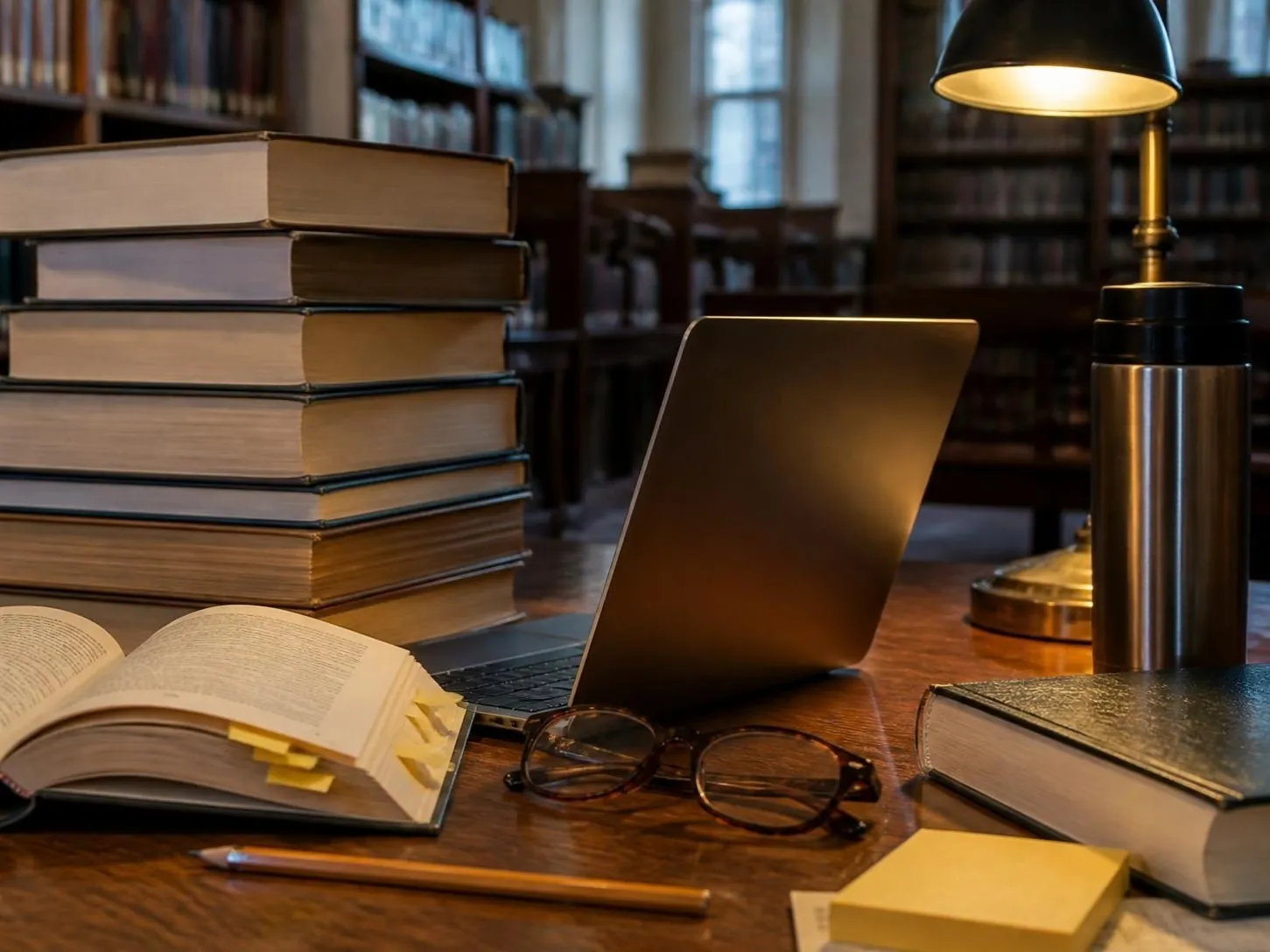 Stapels boeken, een leesbril en een laptop op een bureau in een bibliotheek
