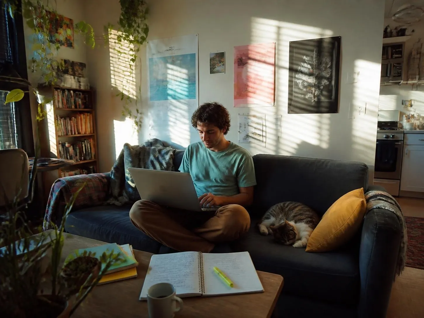 Jonge man volgt op de bank een training op zijn laptop, met een notitieboek op tafel